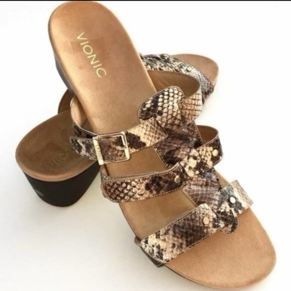Vionic Shoes - Vionic Radia Wedge Sandals Adjustable Triple Strap Snakeskin Slides